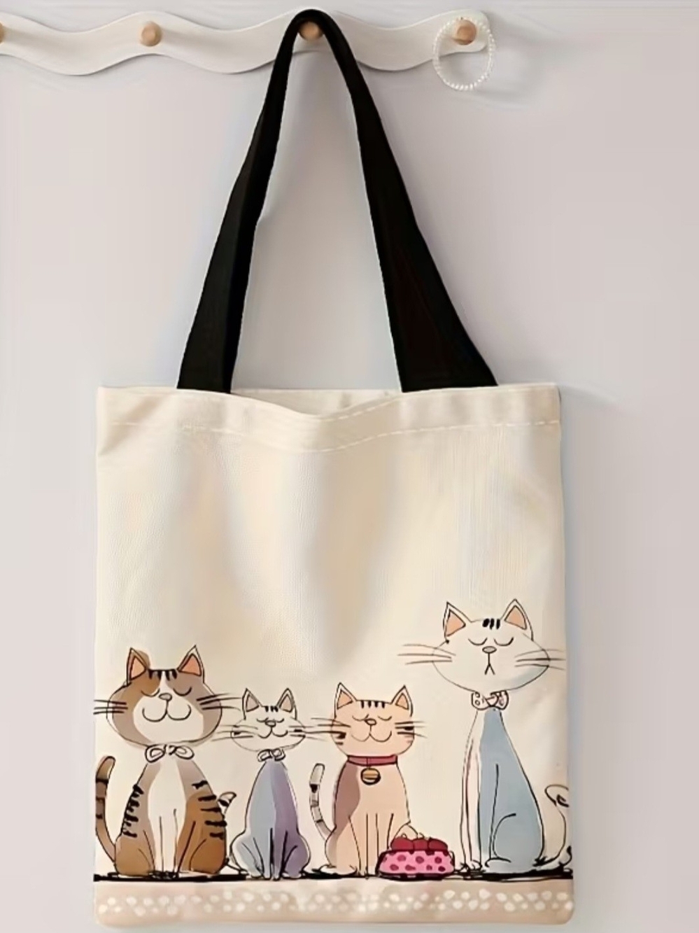 Adorable Cream Tote with Black Straps and Playful Cat Illustration Tote